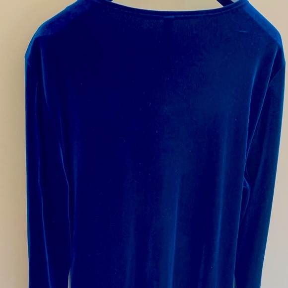 Royal blue silky velvet Dress at knee deep V neck nice drapes long sleeves US L - Picture 12 of 16